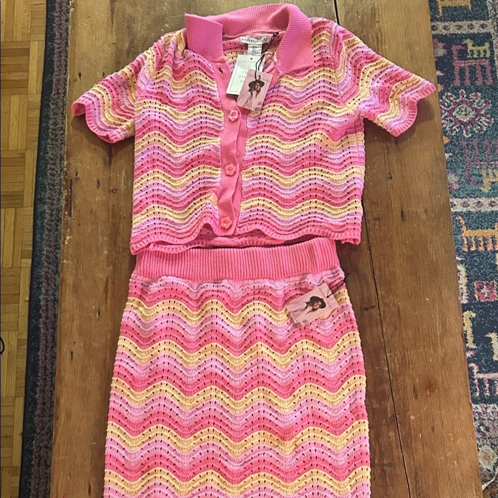 Sincerely Jules Pink Crochet Two-Piece Set | Cardigan + Midi Skirt | NWT
